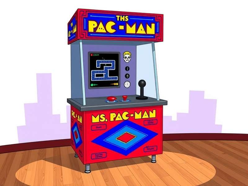 MS. PAC-MAN arcade game table with yellow joystick and colorful maze