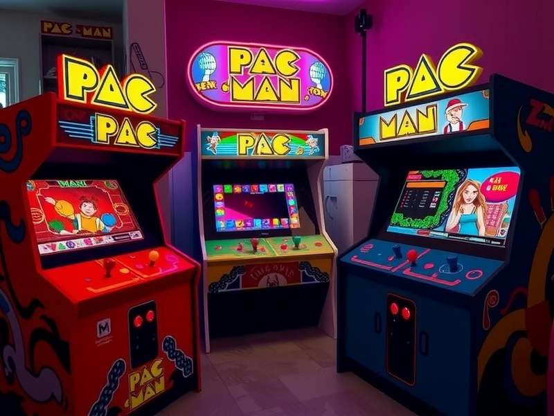Classic yellow PAC-MAN arcade cabinet in a dimly lit arcade