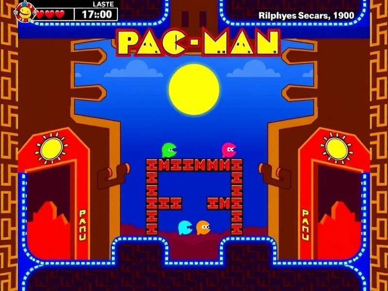 PAC MAN arcade game screen with Pac-Man chasing ghosts in maze