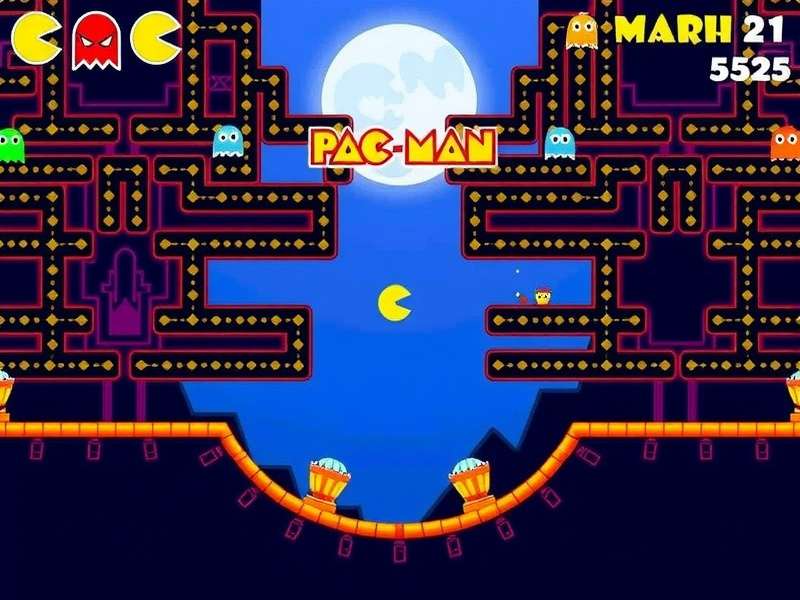 Screenshot of the iconic Pac-Man Google Doodle gameplay on a laptop screen
