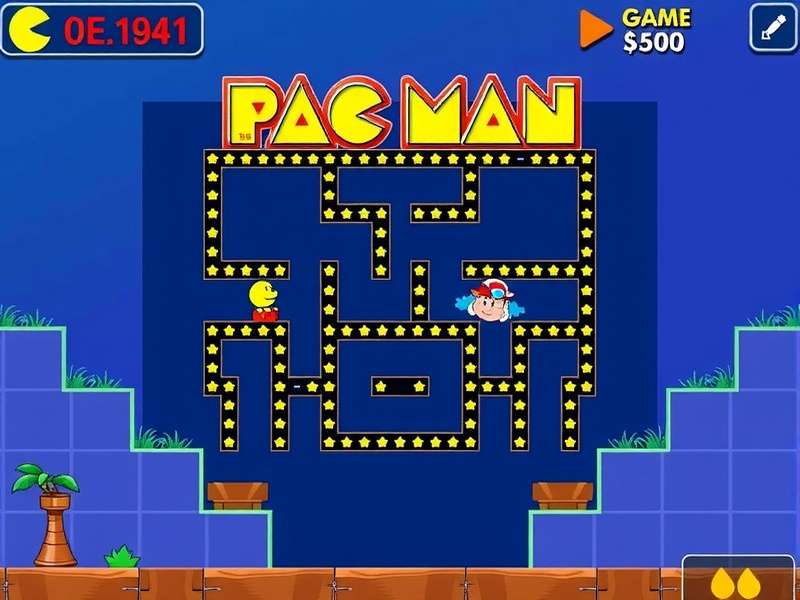 PAC MAN arcade game screen with Pac-Man and ghosts