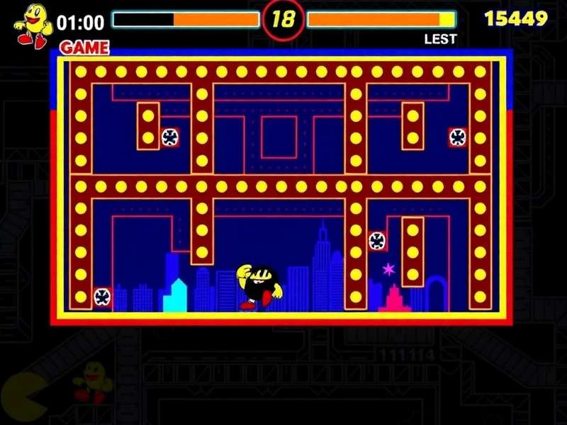 Original 1980 PAC-MAN arcade cabinet in a neon-lit arcade