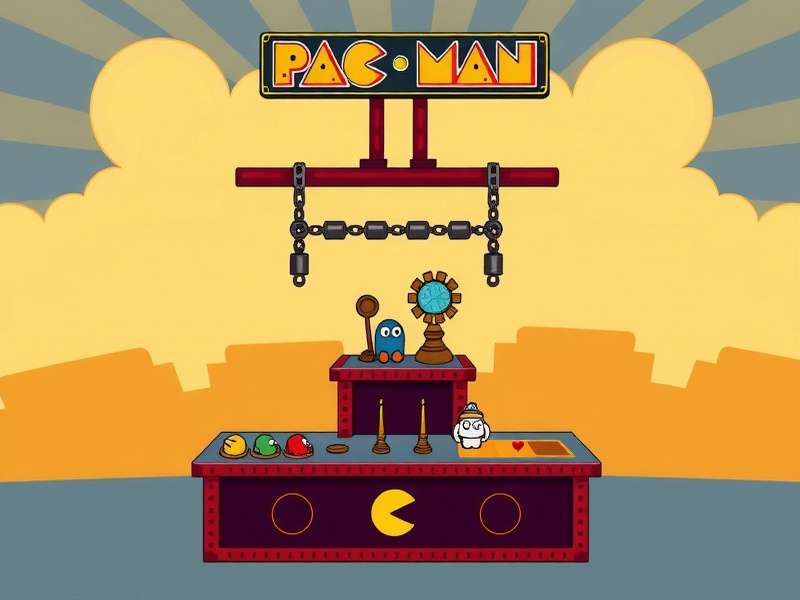 Vintage PAC-MAN arcade cabinet table in a dimly lit arcade