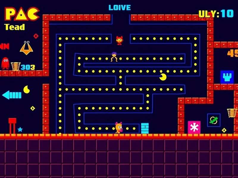 PAC MAN game running on Windows 11 with performance metrics and pattern diagrams overlay