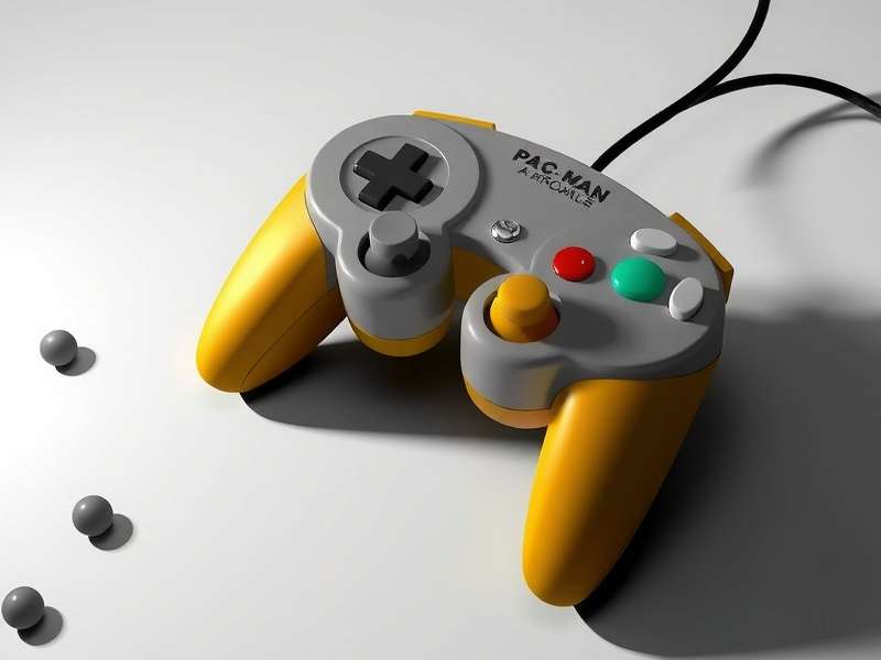 A custom modified Nintendo GameCube controller with a vibrant PAC-MAN theme, yellow shell, and ghost-themed buttons