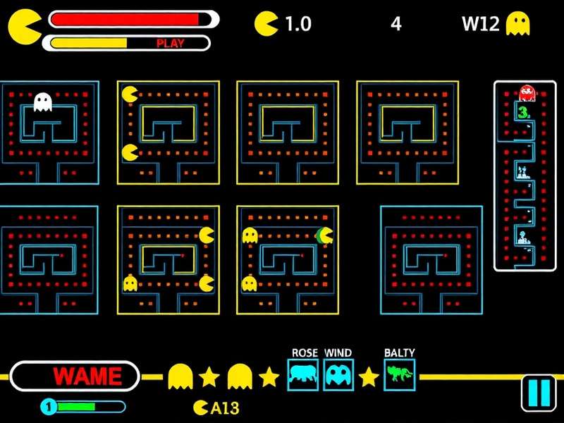 Classic PAC-MAN arcade cabinet in a neon-lit arcade