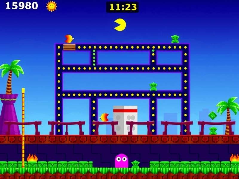 Modern PAC-MAN maze with glowing pellets and ghosts