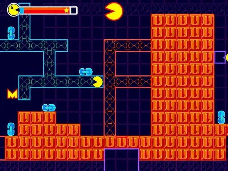 Classic PAC-MAN gameplay screenshot showing the maze, dots, PAC-MAN, and the four ghosts
