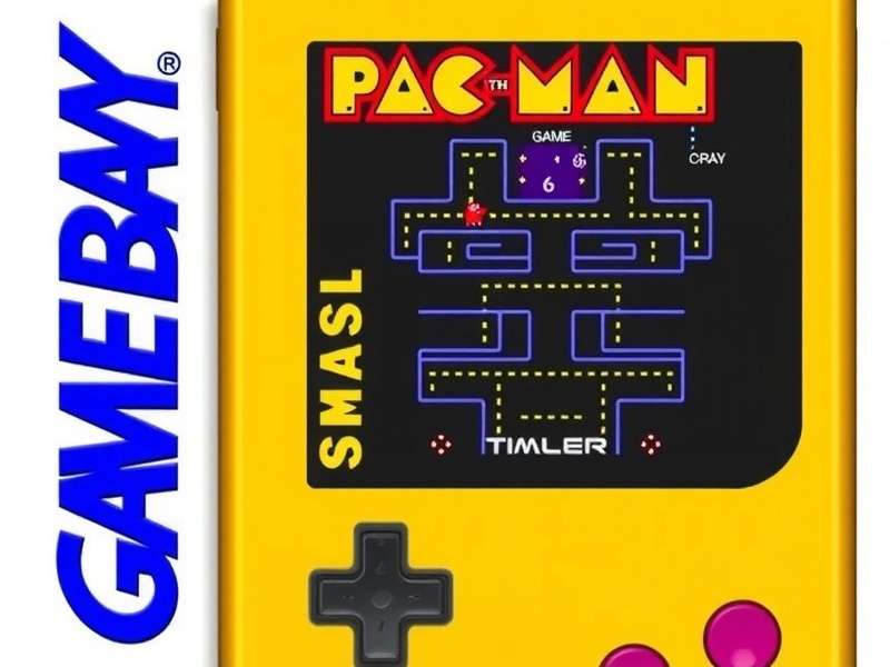 Game Boy Color running Ms. Pac-Man game on a yellow background