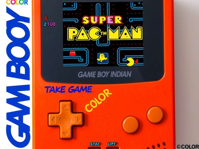 Super Pac-Man Game Boy Color cartridge lying on a retro gaming desk