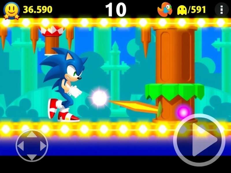 Sonic Dash Ms Pac Man gameplay screen showing Sonic running through a maze with ghosts