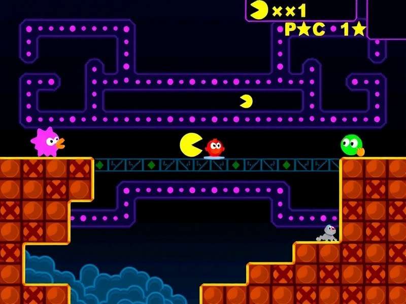 Close-up of a keyboard with PAC MAN on screen