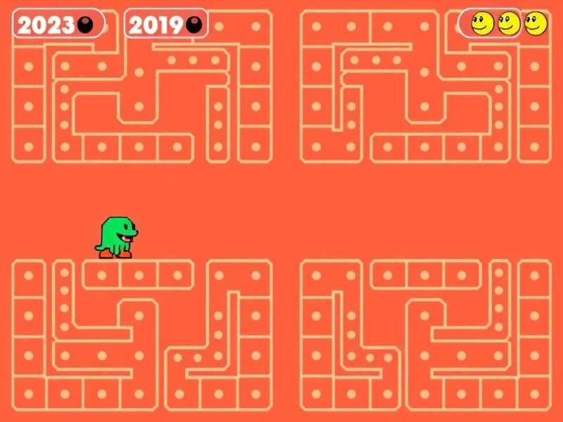 Classic PAC MAN arcade cabinet glowing in dark arcade