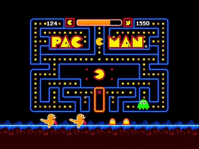Ms. Pac-Man Gameplay - Colorful maze with Ms. Pac-Man and four ghosts
