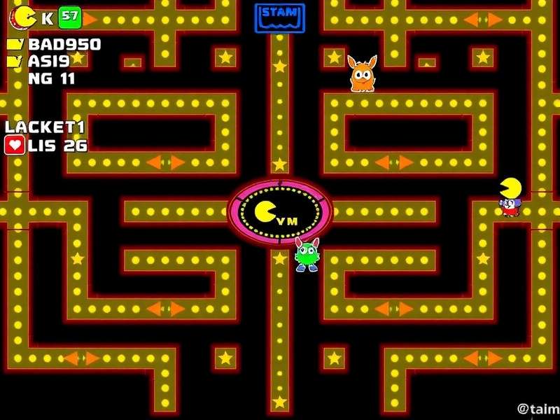 A classic Pac-Man arcade cabinet in a dark room, screen glowing