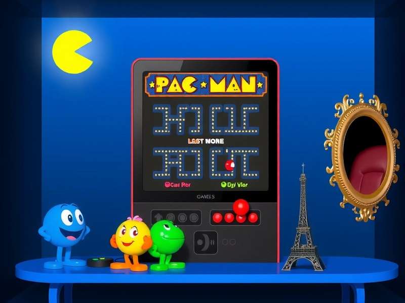 Colorful neon arcade cabinet featuring Pac-Man and ghosts
