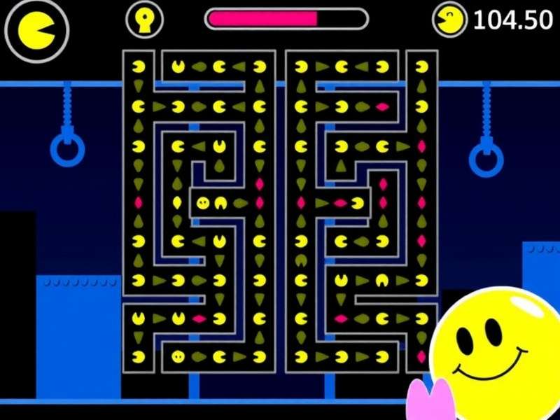 Colorful PAC-MAN maze with Pac-Man and ghosts chasing
