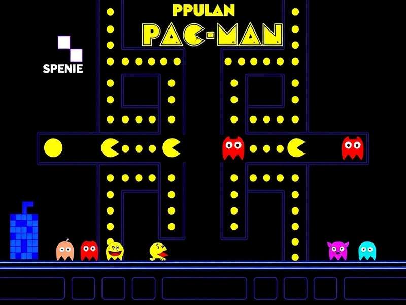 Classic Pac-Man arcade machine in a dark arcade