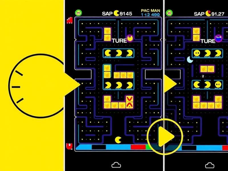 Classic Pac Man arcade game screen with yellow Pac Man and colorful ghosts