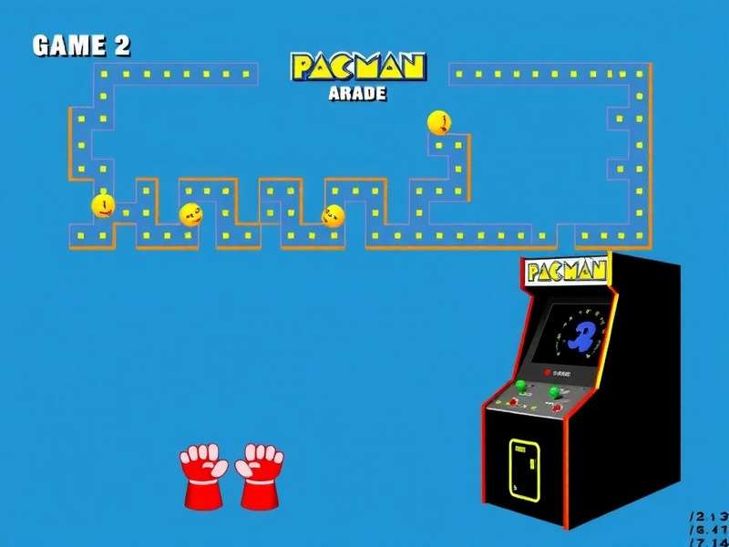 A pristine yellow PAC-MAN arcade cabinet in a dimly lit arcade