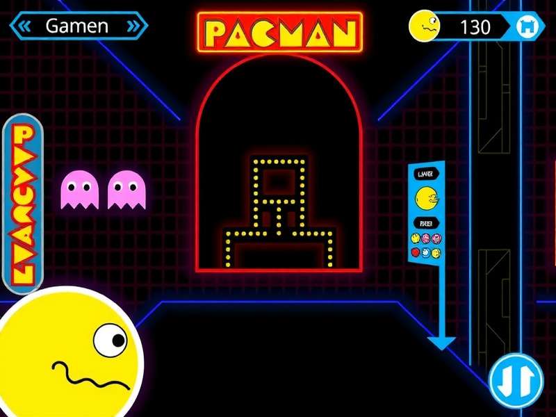 Vintage PAC MAN arcade cabinet in a classic arcade setting