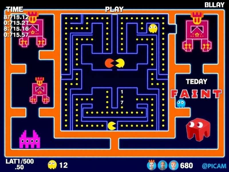 Classic Pac Man arcade game screen with glowing maze and characters