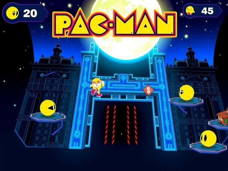 Classic Pac-Man arcade cabinet with glowing screen and joystick