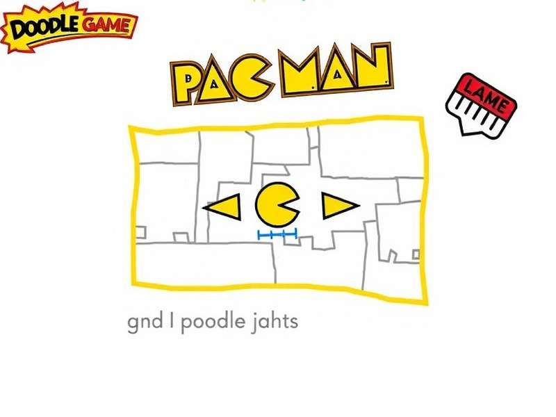 Pacman Doodle Game gameplay screenshot showing maze, Pac-Man, and ghosts