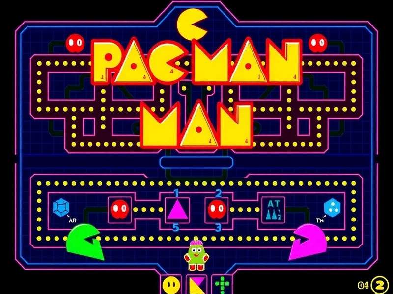 Classic Pac Man game board with maze and ghosts