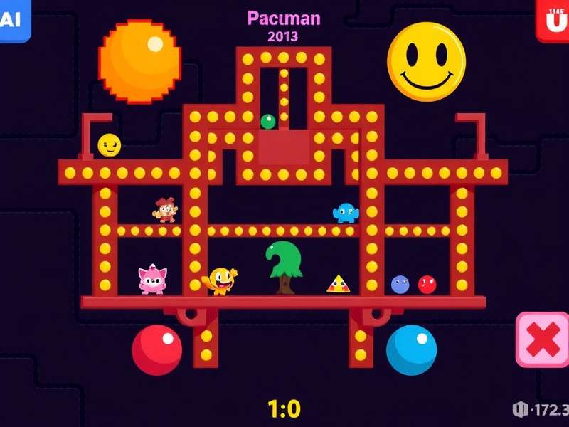 Close-up of classic PAC-MAN arcade cabinet joystick and buttons