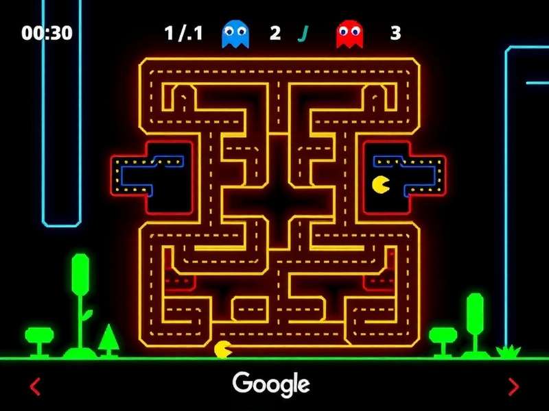 Google Pac Man game screenshot showing Pac-Man and ghosts