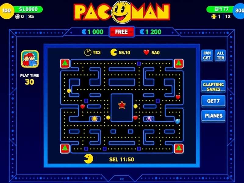 Vibrant neon Pac-Man maze illustration with ghosts