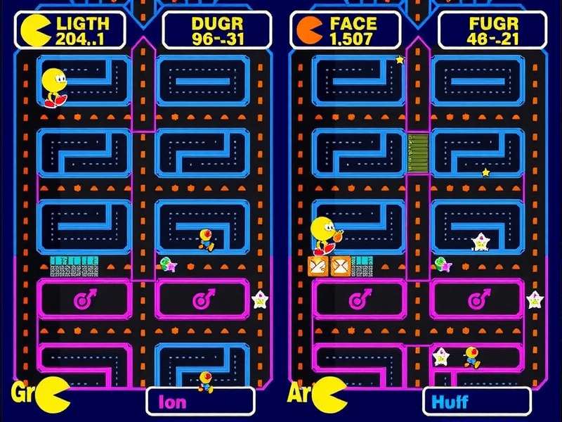 Classic Pac Man game maze with Pac-Man and four ghosts