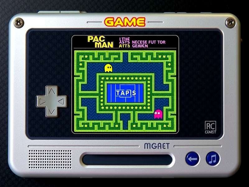 Vintage Pac-Man handheld game console on a yellow background