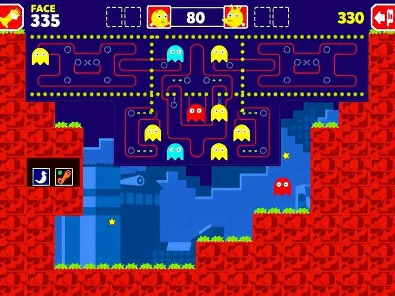 Classic PAC-MAN maze with Pac-Man and four ghosts