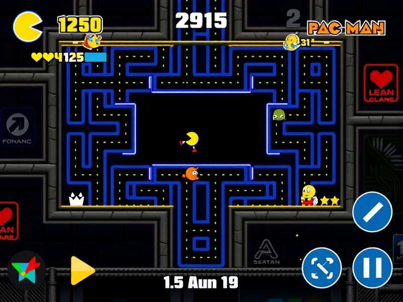 Classic Pac-Man maze gameplay with ghosts and dots