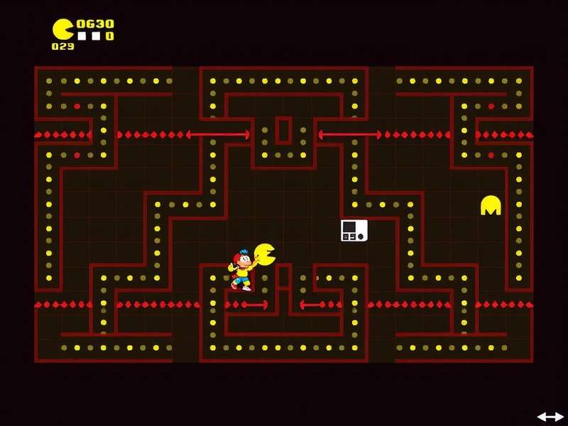 Original Pac-Man arcade cabinet in a neon-lit arcade