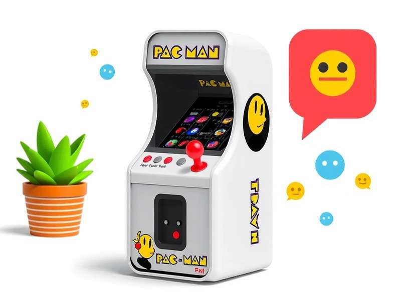 Close-up of a Pac Man Mini Arcade Machine on a wooden table