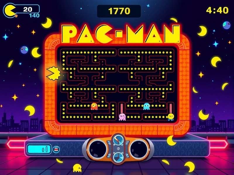 Classic Pacman arcade cabinet with glowing screen