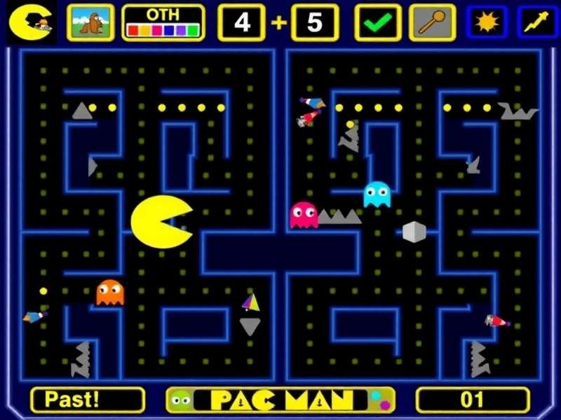 Classic PAC-MAN maze with Pac-Man and the four ghosts: Blinky, Pinky, Inky, and Clyde