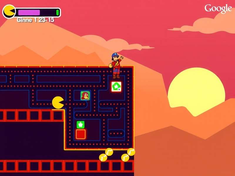 Google Doodle Pac-Man gameplay screenshot showing maze and ghosts