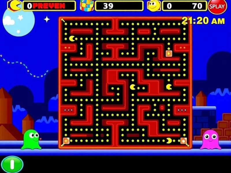 Classic Pac-Man maze with ghosts Blinky, Pinky, Inky, and Clyde