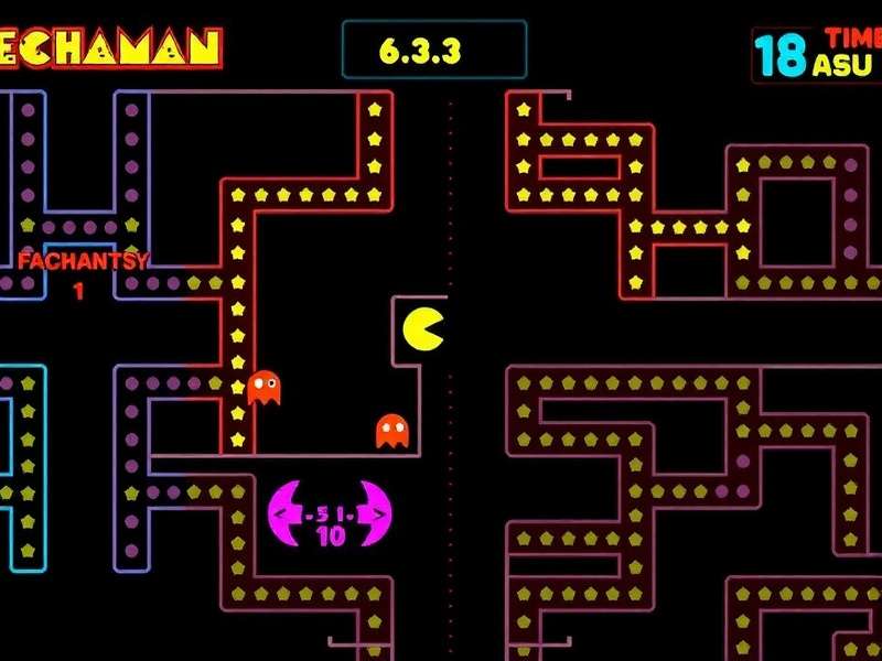 A vibrant neon-lit Pac-Man maze with ghosts Blinky, Pinky, Inky, and Clyde