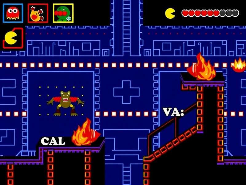 Pac Man game on computer screen with ghosts and maze illuminated