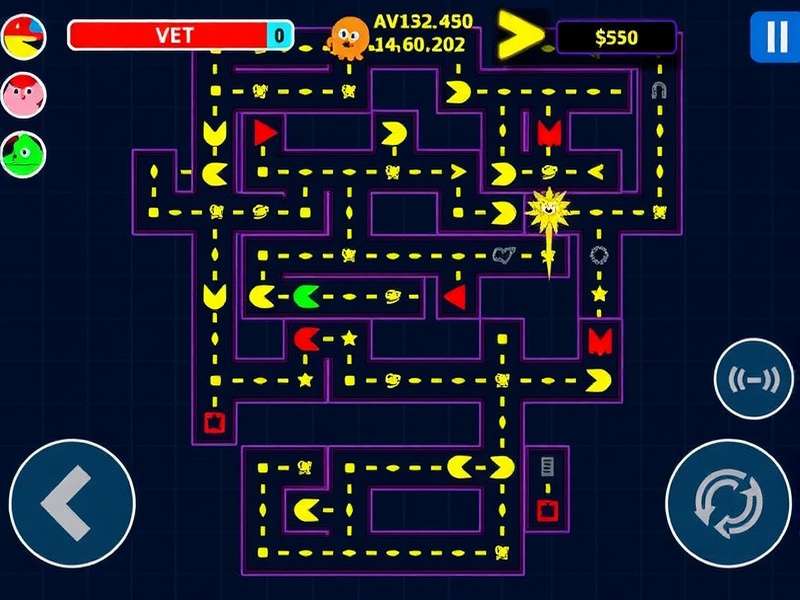 PAC MAN arcade gameplay illustration showing yellow pacman chasing ghosts in a maze
