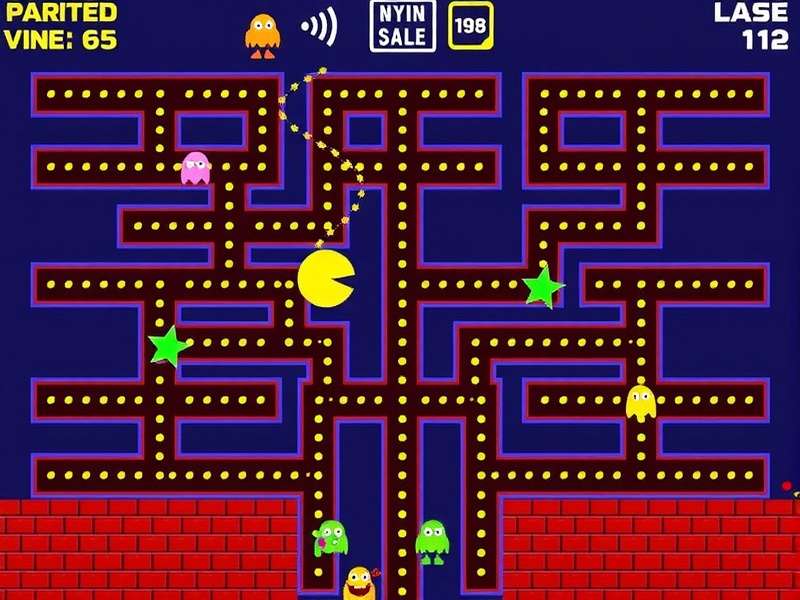 Pac Man classic arcade maze gameplay illustration with yellow Pac Man and four colorful ghosts