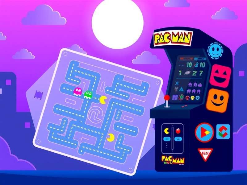 Classic Pacman Arcade Game maze with yellow PAC MAN and four coloured ghosts — Blinky, Pinky, Inky, Clyde