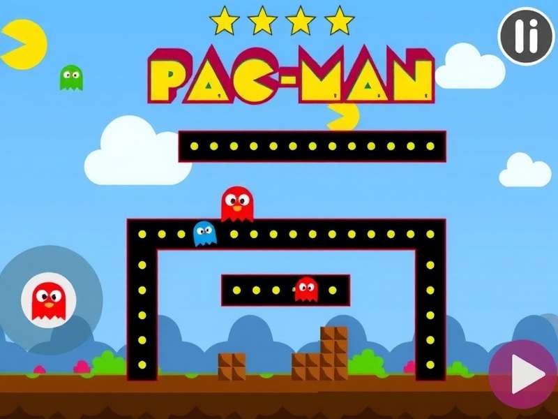 PAC MAN classic arcade gameplay — yellow dot-chomping action in a blue maze with colorful ghosts
