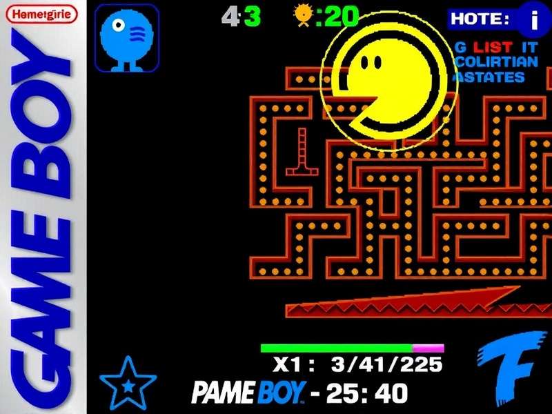 Pac Man Game Boy Color Homebrew cartridge and gameplay screenshot showing the iconic yellow PAC-MAN in a vibrant GBC maze