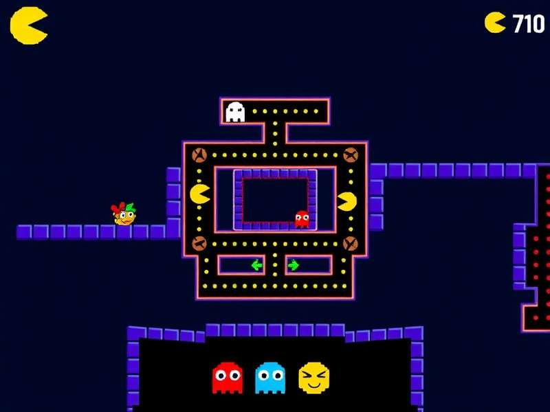 PAC MAN classic arcade maze with yellow Pacman and four ghosts